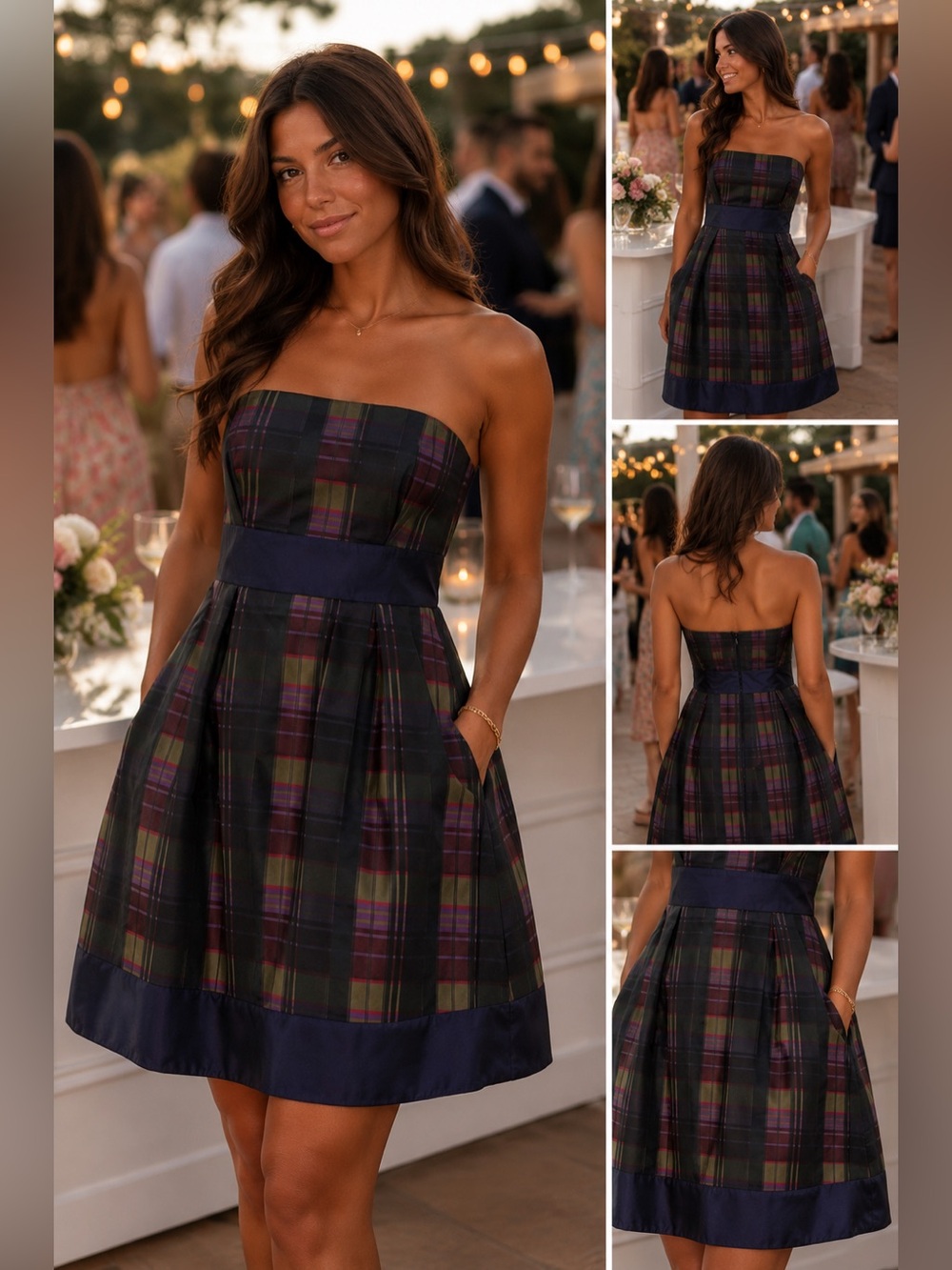 Next Strapless Plaid Tartan Cocktail Party Dress Pockets Purple Black 10 12 14